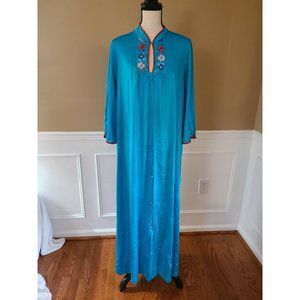 Vintage Teal Blue Floral Asian Kimono Robe Red Embroidered Floral Button MEDIUM